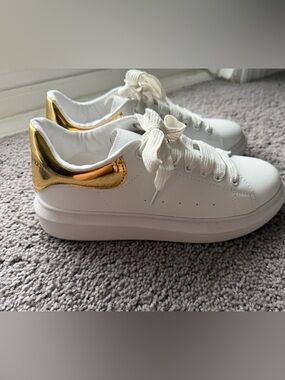 Alexander McQueen White Platform Sneakers with Gold Heel